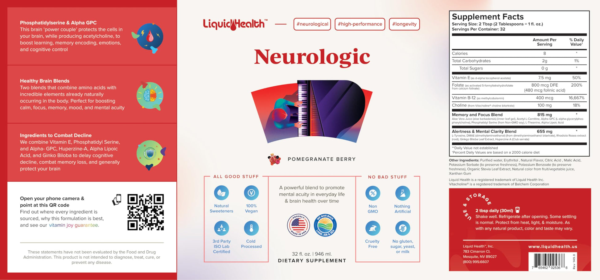 LIQUIDHEALTH Neurologic Focus Supplement - Brain Booster Nootropic Supplement for Cognitive Function, Memory & Focus with Ginkgo Biloba, Choline, L-Theanine & Phosphatidylserine - USA Made (2 Pack) LIQUIDHEALTHAu supplements