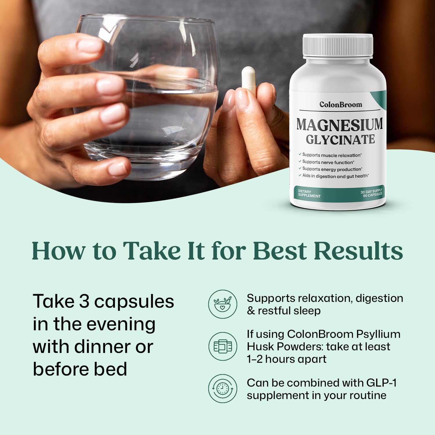 ColonBroom Pure Magnesium Glycinate Capsules | Supplement for Sleep, Heart & Muscle Support | Non-GMO, Gluten Free, Vegan & Sugar-Free | 1 Month Supply (90 Capsules) ColonBroomAu supplements