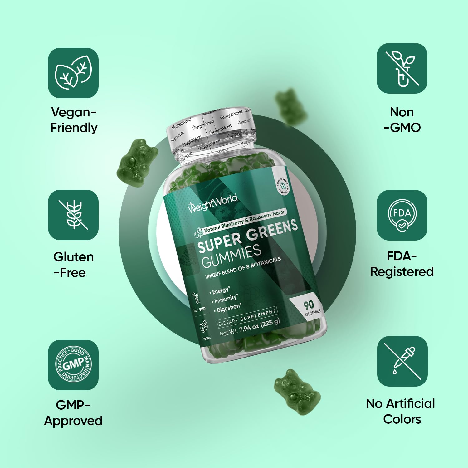 WeightWorld Super Greens Gummies - Energy, Immunity & Digestion - 45-Day Supply - Vegan Daily Greens Supplements (Moringa, Broccoli, Spinach) - Added Vitamins & Minerals - 90 Superfood Gummies WeightWorldAu supplements