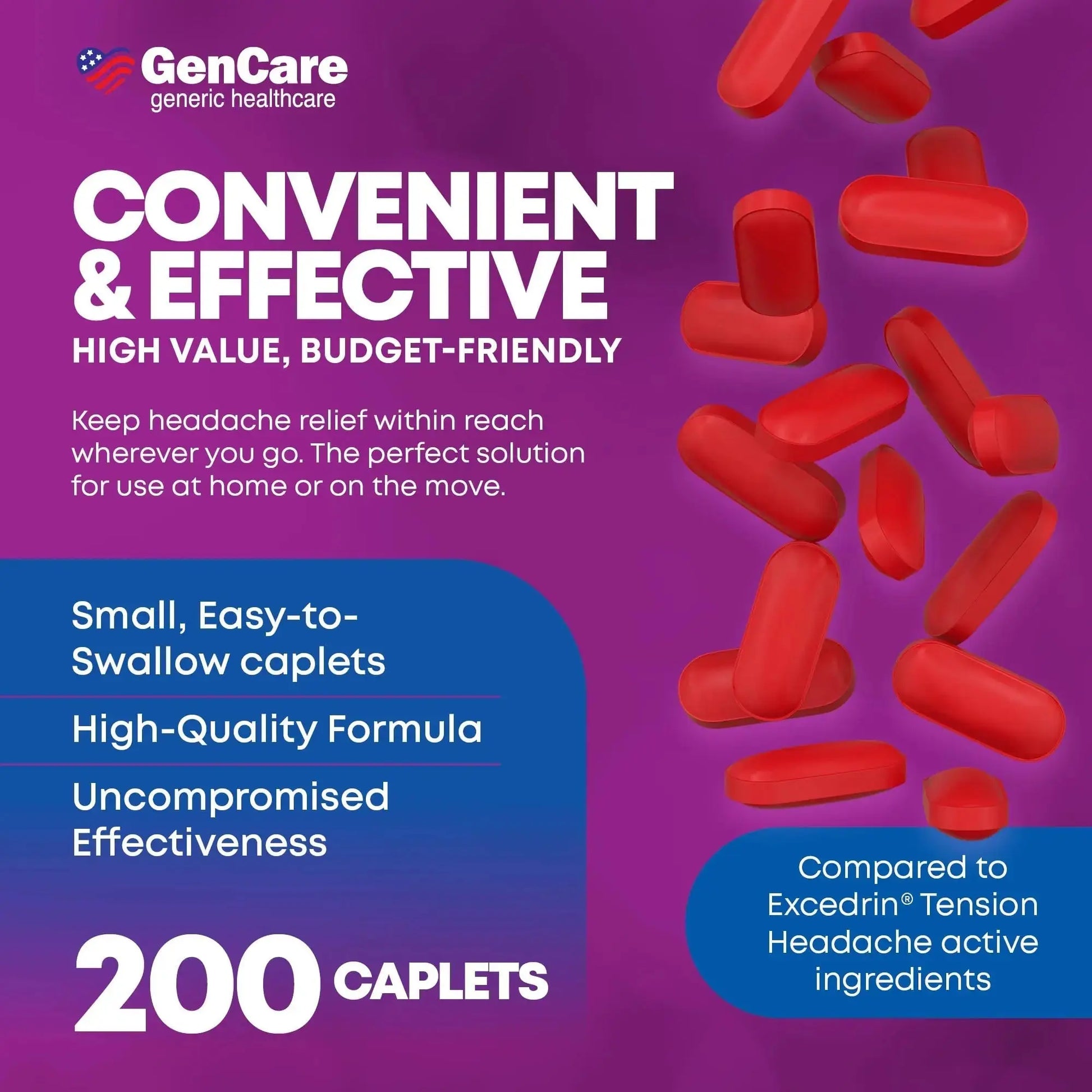 GenCare - Tension Headache Relief Pain Reliever with Acetaminophen 500 mg & Caffeine 65 mg (200 Caplets) Best Value Bulk Extra Strength for Head, Migraine, Joint Pain & Body Ache Relief Medicine GenCareAu supplements