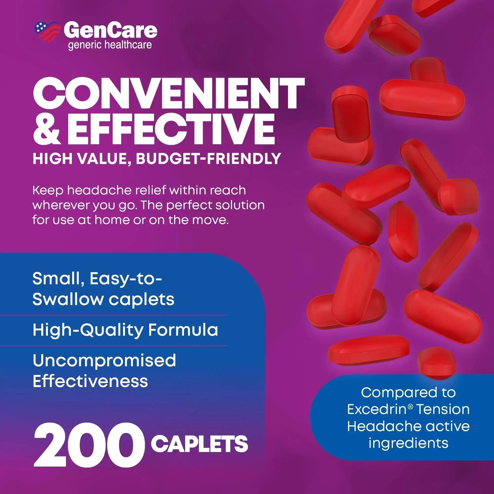 GenCare - Tension Headache Relief Pain Reliever with Acetaminophen 500 mg & Caffeine 65 mg (200 Caplets) Best Value Bulk Extra Strength for Head, Migraine, Joint Pain & Body Ache Relief Medicine GenCareAu supplements