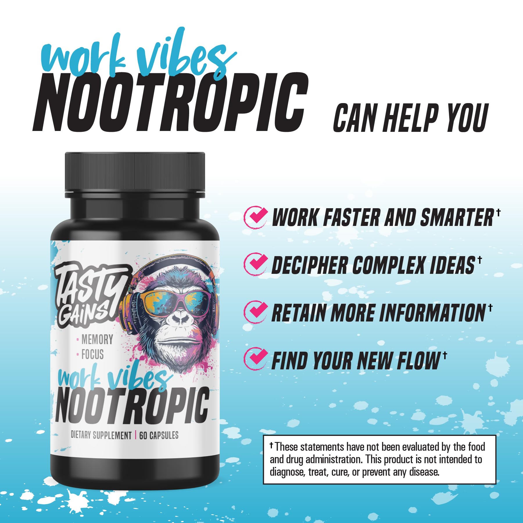 Nootropic Brain Supplement for Memory and Focus - Vitamin for Mental Health & Brain Health with L-Theanine, Rhodiola Rosea & Phosphatidylserine - Memory, Mental Clarity & Cognitive Improvement - 60 Ct TASTY GAINSAu supplements