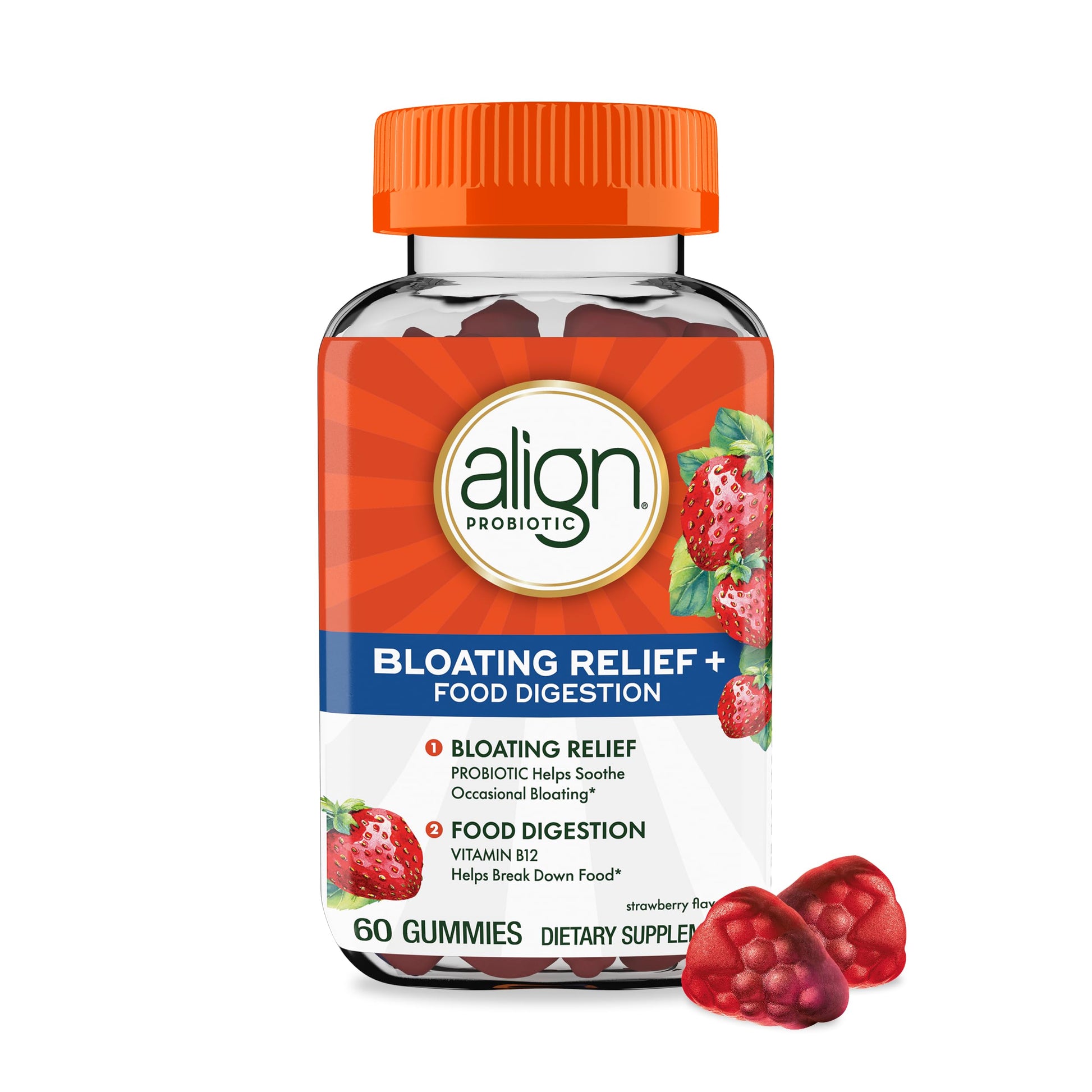 Align Probiotic, Bloating Relief + Food Digestion, Probiotics for Women and Men, Probiotic Helps Soothe Occasional Bloating*, With Vitamin B12 to Help Break Down Food into Cellular Energy*,60 Gummies AlignAu supplements