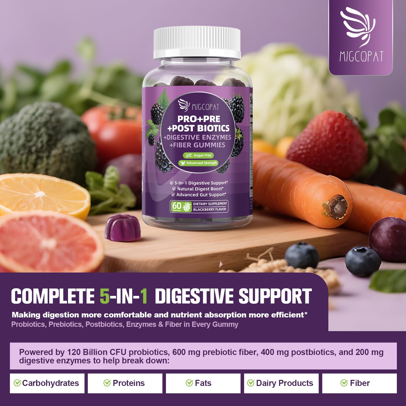 Migcopat Pre Post Probiotics Gummies, 5 in 1 Probiotic Prebiotic Postbiotic Digestive Enzymes with Fiber, 120 Billion CFU Probiotics Complete Gut Support, Sugar Free, Vegan, BlackBerry Flavor, 60 Cts MigcopatAu supplements