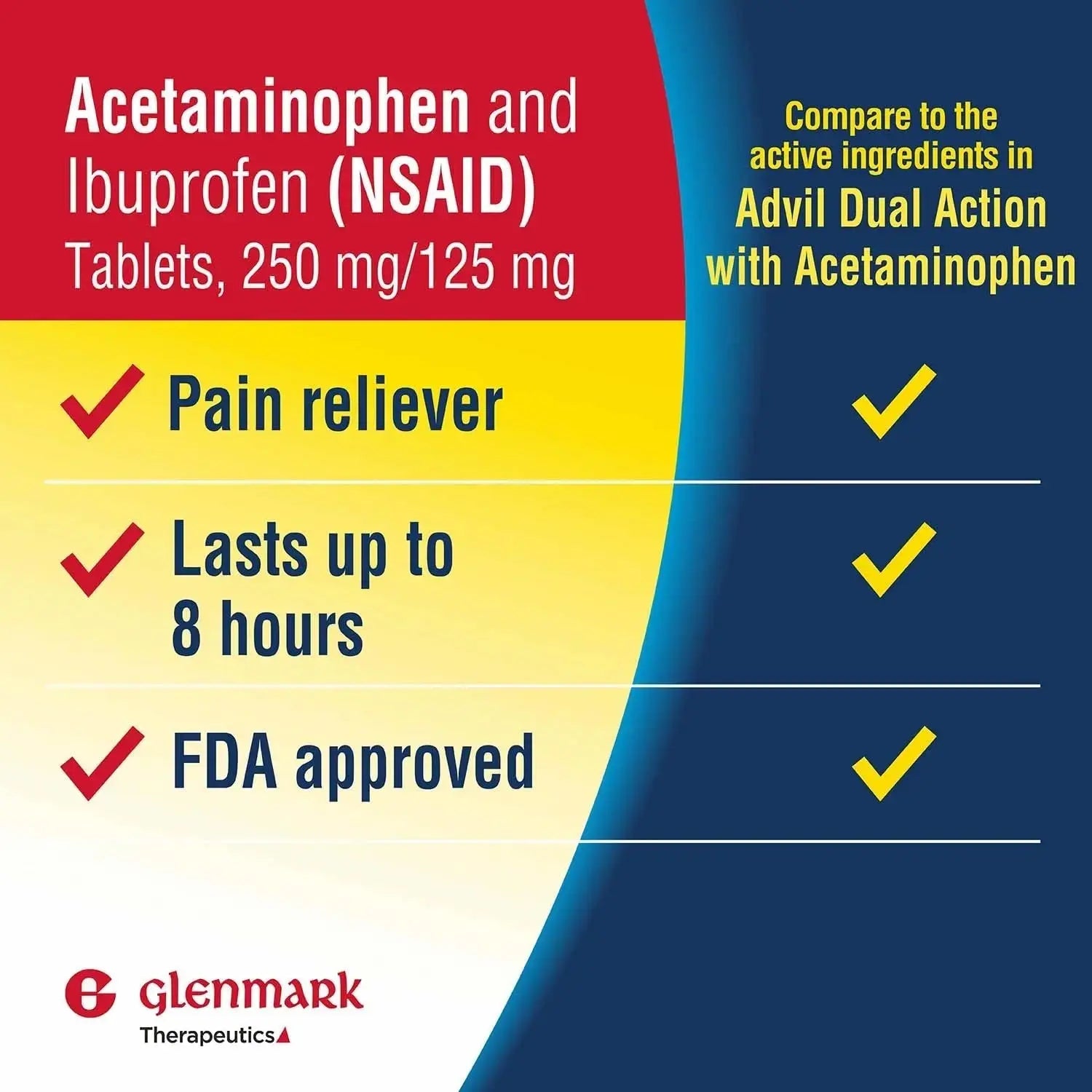 Dual Action Acetaminophen 250mg and Ibuprofen 125mg Caplets, Up to 8h of Pain Relief for Minor Aches and Pain, Headaches, Toothache, Backache, Menstrual Cramps, Minor Arthritis Pain, 216 Count Glenmark TherapeuticsAu supplements