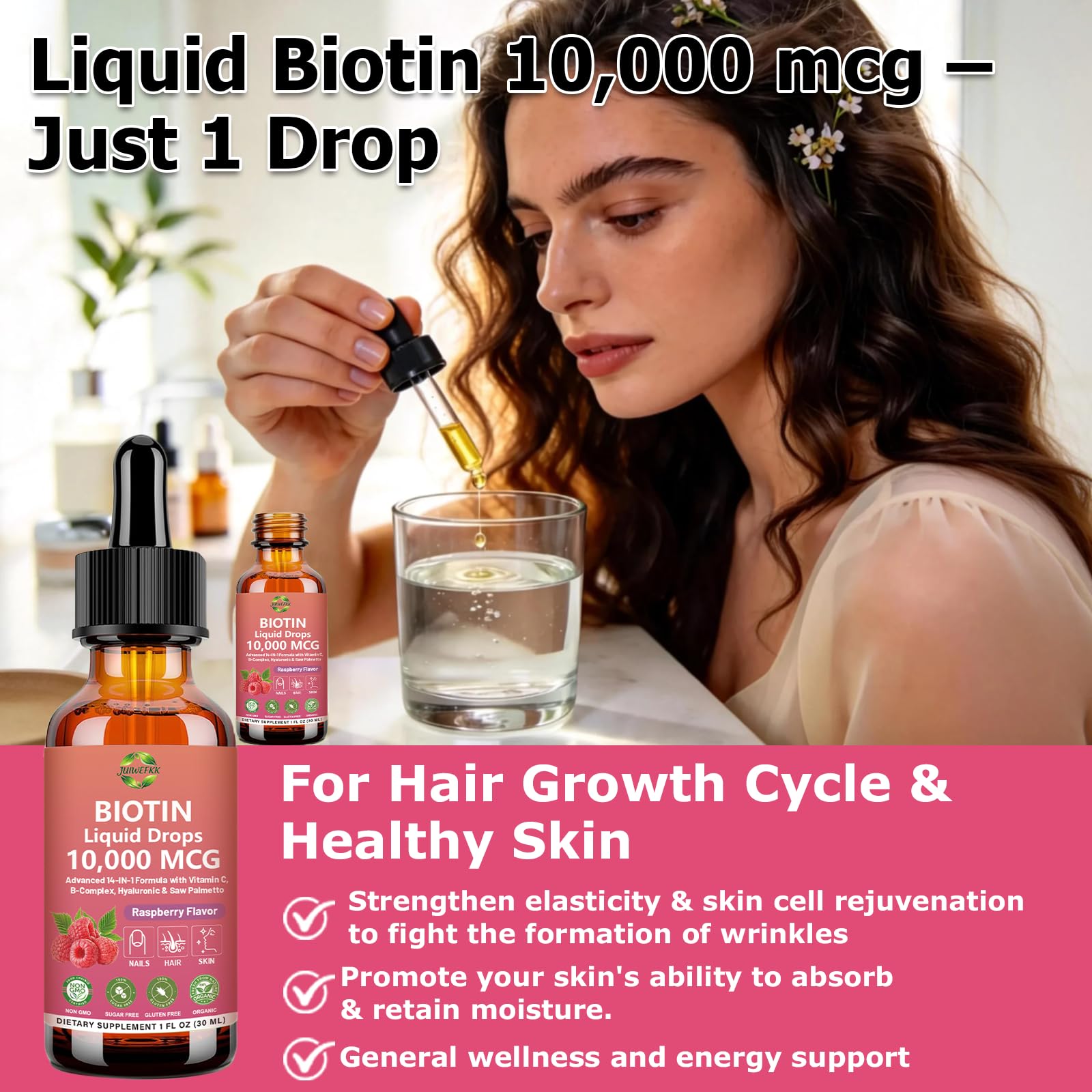 Pure Biotin 10000mcg Liquid Drop Optimal Solutions Hair Skin & Nails Vitamins Support w. Collagen Keratin Hyaluronic Acid Saw Palmetto, Biotin(Vitamin B7) for Hair Growth & Cellular Energy JUIWEFKKAu supplements