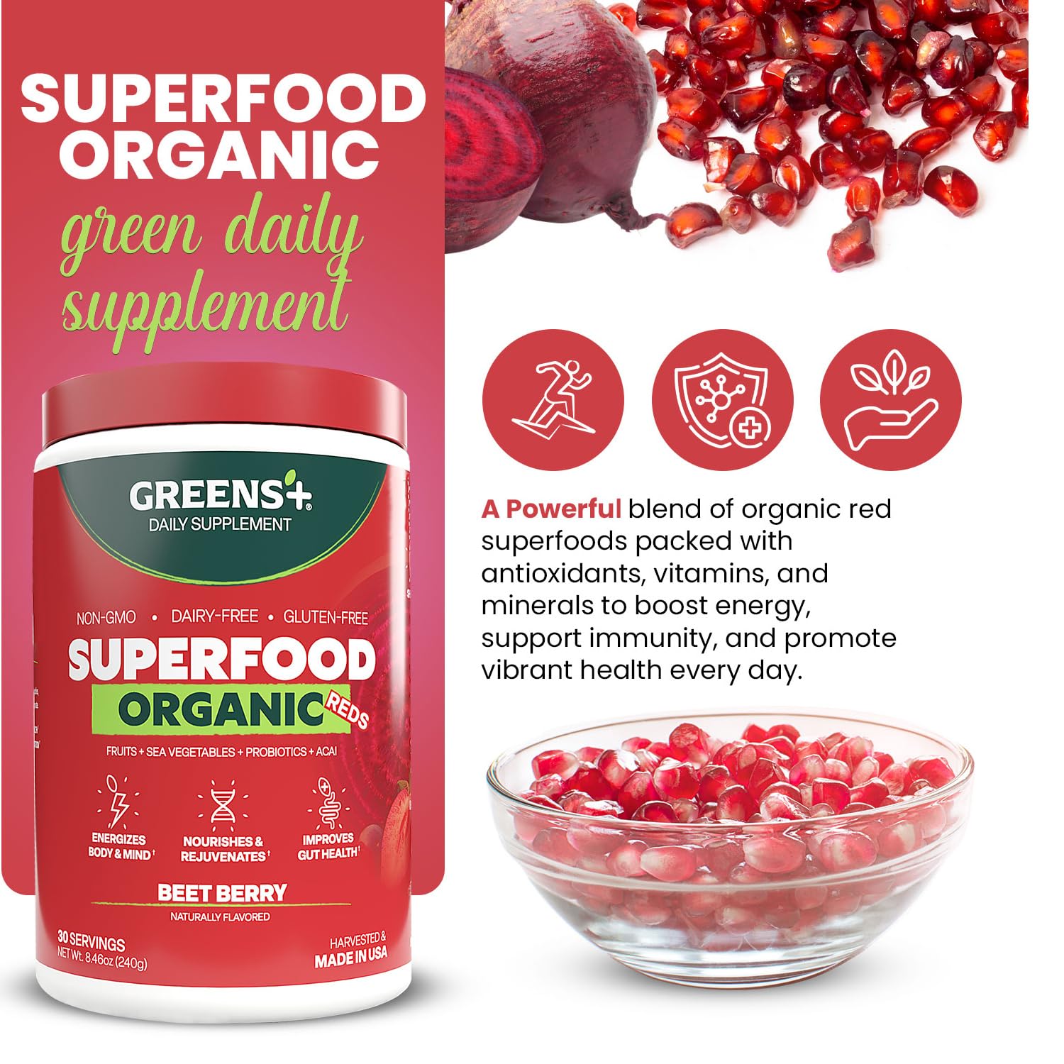 Greens+ Organic Reds Superfood Powder, Antioxidant, Polyphenol, Blend for Morning Kick, Energy, Vitality Boost, Nutrition, Vibrant Health, Vegan Soy/Dairy/Gluten Free(8.46oz) Greens+Au supplements