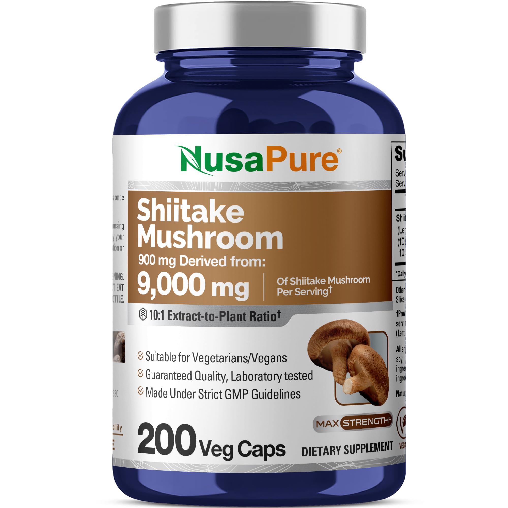 NusaPure Shiitake Mushroom 10:1 Extract, 900 mg Equivalent to 9000mg 200 Veggie Capsules (Non-GMO, Vegan) NusaPureAu supplements