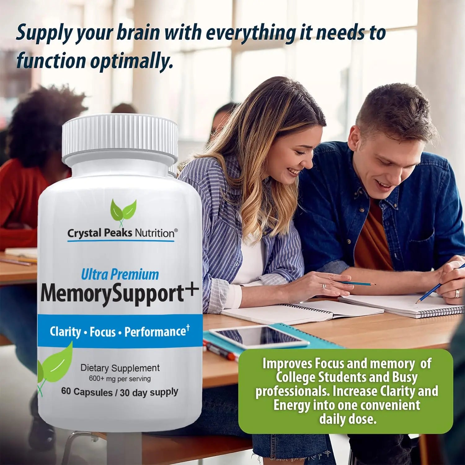 Memory Boost + Brain Support Supplement – Nootropic for Focus, Concentration, Memory. Enhanced Energy, Recall and Alertness - 60 Capsules/30-day Supply. CRYSTAL PEAKS NUTRITIONnz supplements