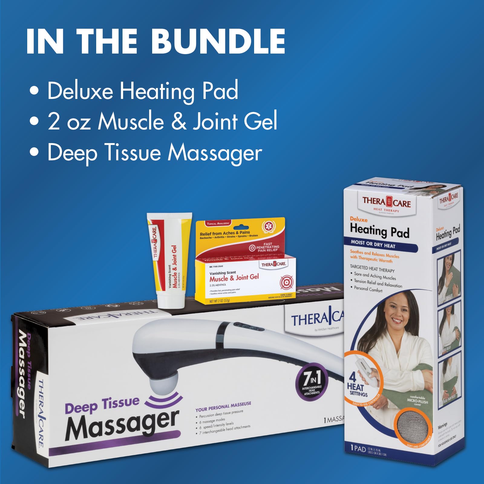 Pain Management Bundle 3-Piece | Personal Deep Tissue Massager | Muscle & Joint Pain Relief Gel | Deluxe Moist Dry Heating Pad | Therapeutic Care at Home | Whole Family Care Thera CareAu supplements