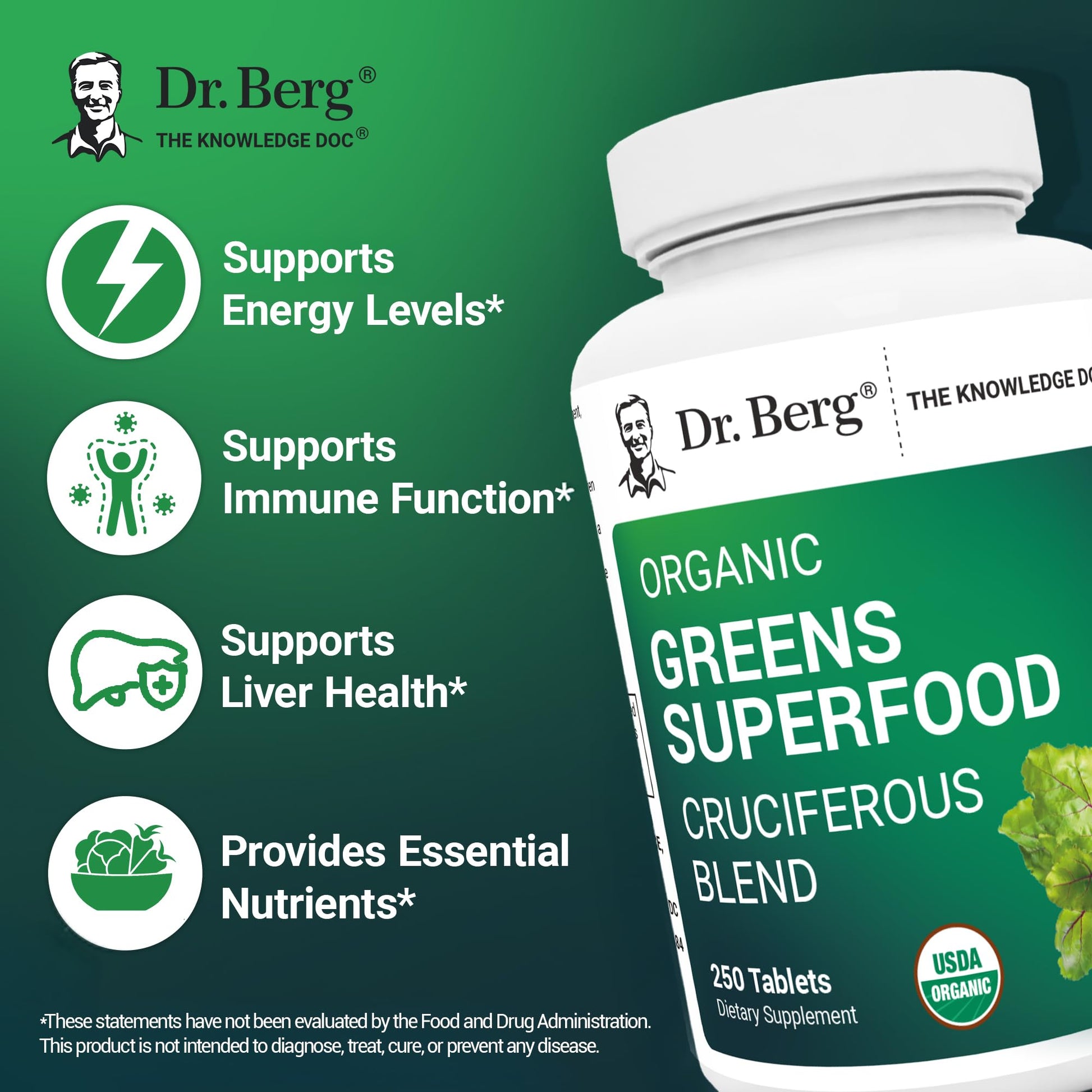 Dr. Berg's Greens Superfood Cruciferous Vegetable Tablets - Vegetable Supplements for Adults w/ 11 Phytonutrient Super Greens Tablets - Energy, Immune System & Liver Veggie Tablets - 250 Tablets Dr. Berg NutritionalsAu supplements