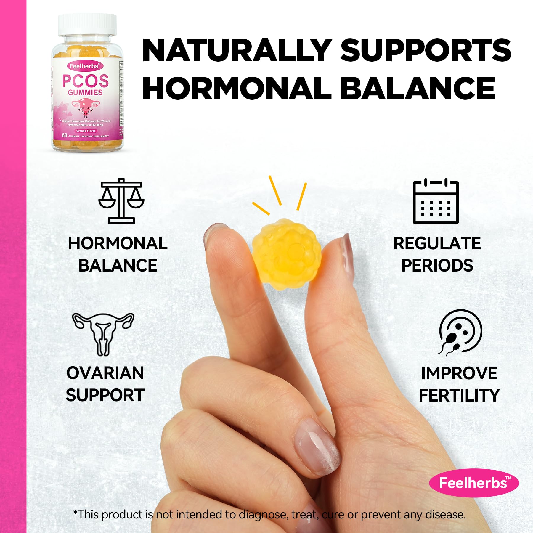 PCOS Gummies for Women Menstrual Cycle & Hormonal Balance, 60 Count Ovarian Support Gummies with Myo-Inositol, Folate and Vitamins, Orange Flavor PCOS Vitamins Gummies Helps Fertility and Ovulation FeelherbsAu supplements