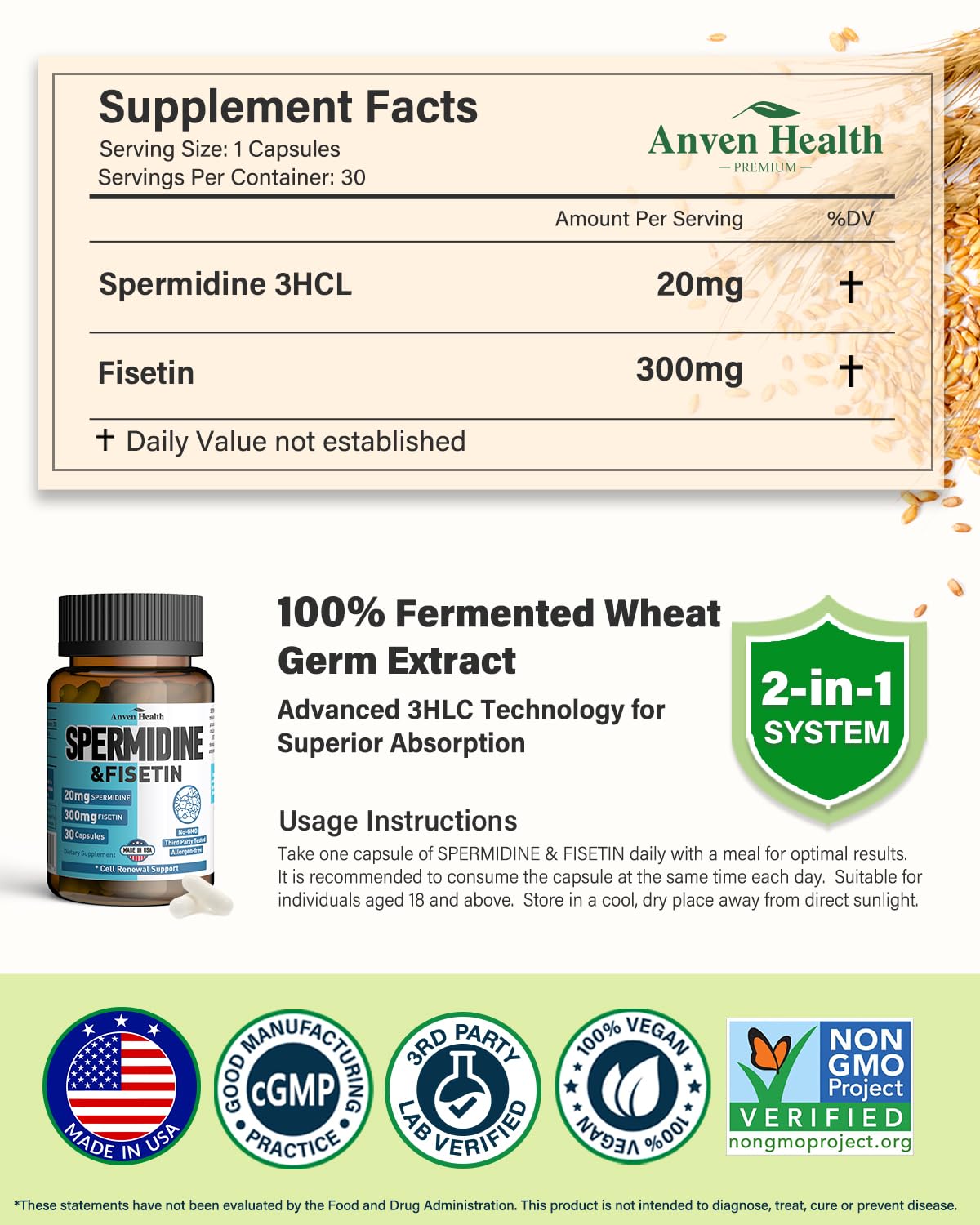 Spermidine & Fisetin Supplement - 20mg of 99% Spermidine Per Serving, 3HCL & 300mg Fisetin for Women Men Cell Renewal, Aging Defense & Longevity, Gluten Free, Non-GMO, Made in USA | 30 Veggie Caps Anven HealthAu supplements