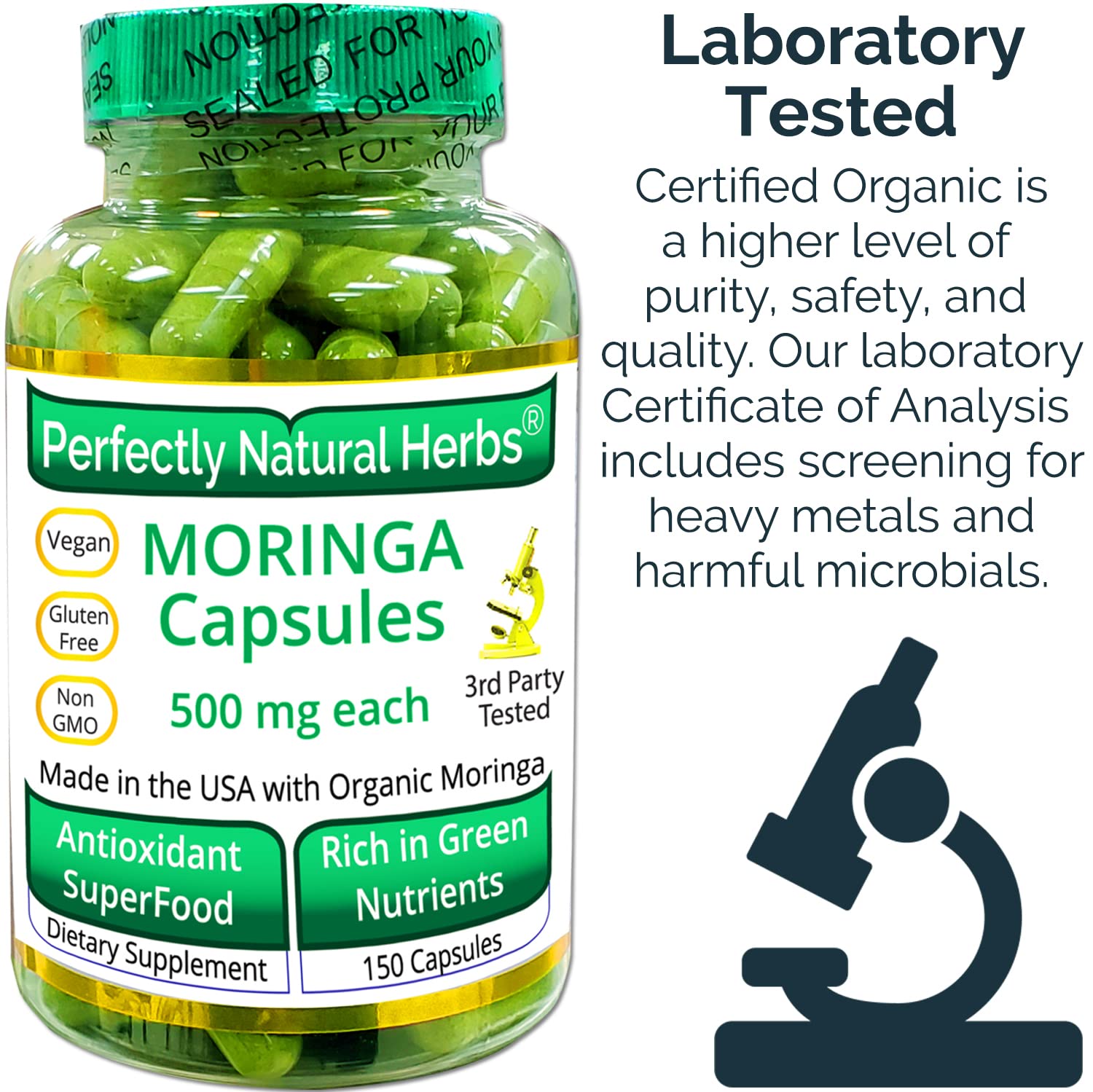 150 Moringa Capsules Made With USDA Certified Organic Moringa Leaf Powder Perfectly Natural HerbsUS supplements