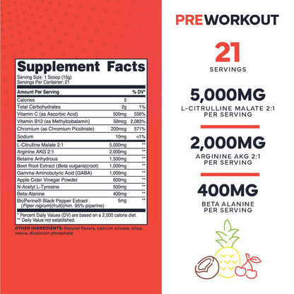 Ultra Clean Stim Free Pump Pre Workout + Nitric Oxide Booster (Fruit Punch) Beetroot, 7G Arginine Citrulline Malate, Betaine, Beta A, ACV+ - Sugar/Caffeine Free Natural Non Stim Preworkout Men & Women Type ZeroUS supplements