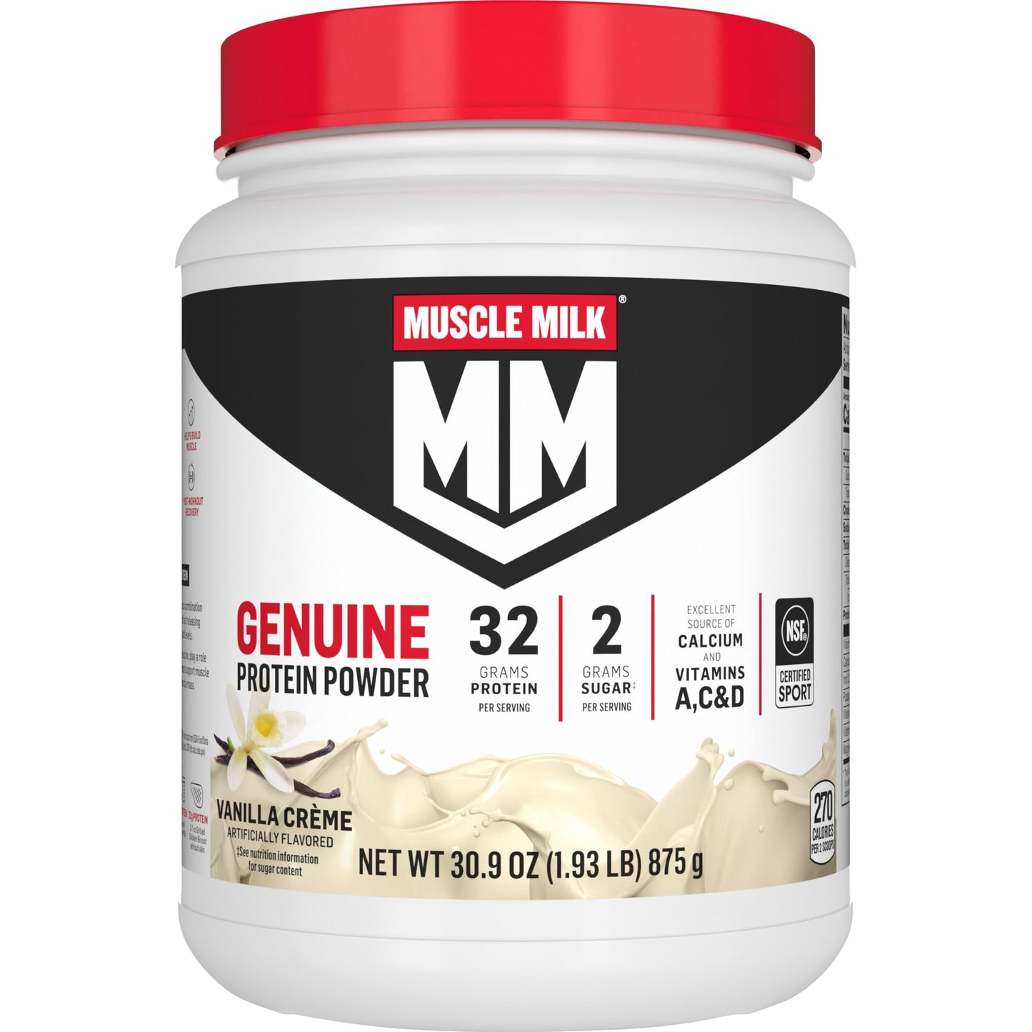 Muscle Milk Genuine Protein Powder, Vanilla Crème, 1.93 Pounds, 12 Servings, 32g Protein, 2g Sugar, Calcium, Vitamins A, C & D, NSF Certified for Sport, Energizing Snack, Packaging May Vary Muscle MilkUS supplements