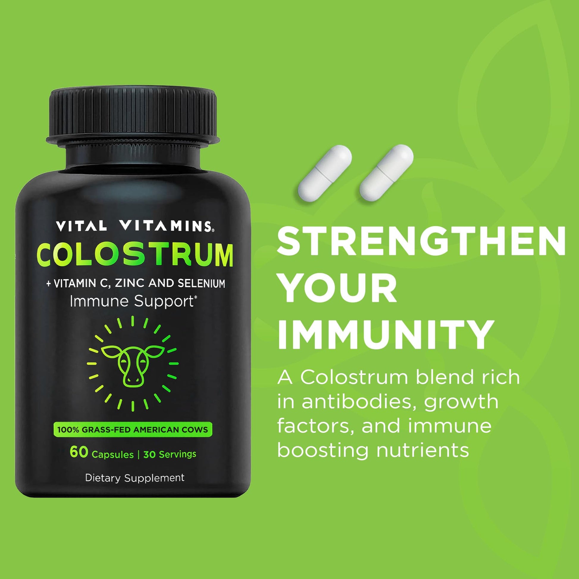 Vital Vitamins Colostrum Supplement - Vitamin C, Zinc, & Selenium - from First Milking - Standardized to Contain 10% IgG Immunoglobulins - Grass-Fed American Cows - 60 Capsules Vital VitaminsAu supplements