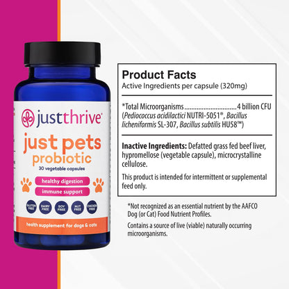 Just Thrive Just Pets Probiotic - Daily Digestive Probiotics for Dogs and Cats - 4 Billion CFUs Pet Probiotic, 30 Capsules Just ThriveUS supplements