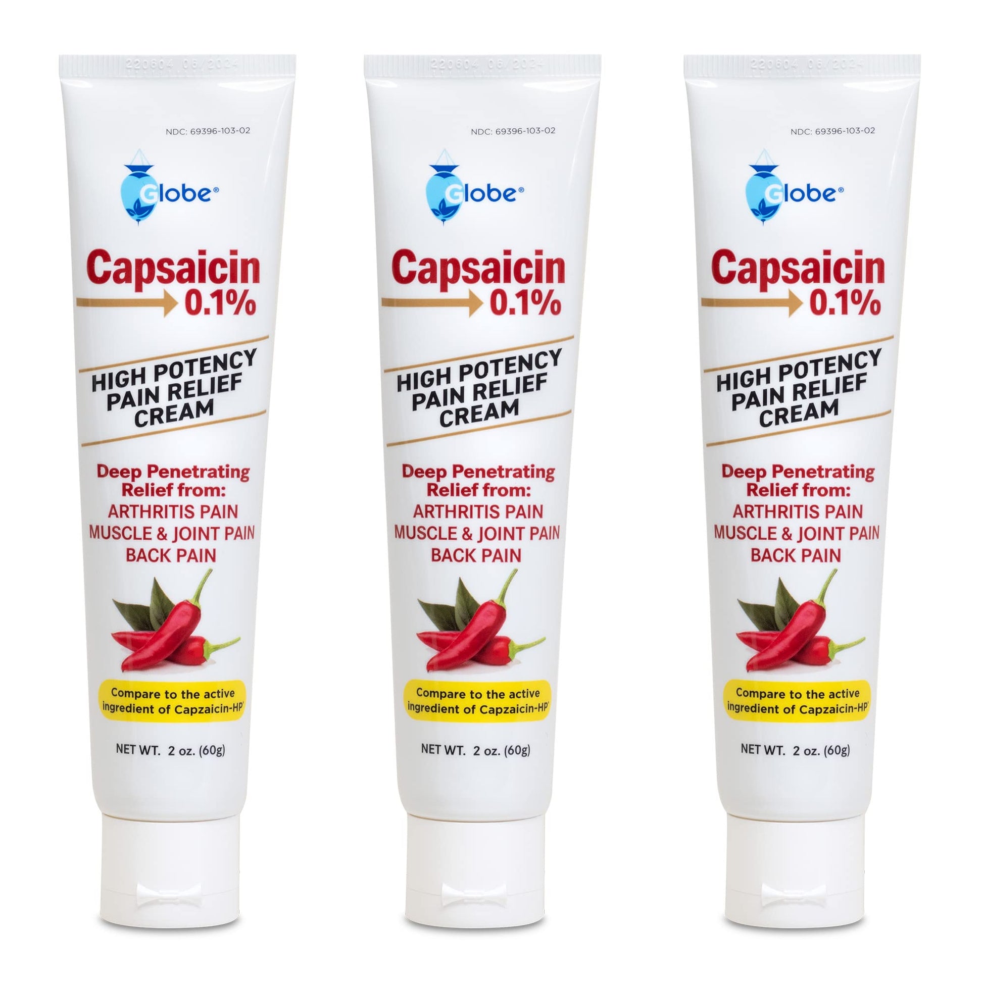 Globe (3 Pack) Capsaicin 0.1% High Potency Pain Relief Cream, Unscented (2 oz) Deep Penetrating Relief from: Arthritis, Muscle, Joint and Back Pain GlobeAu supplements