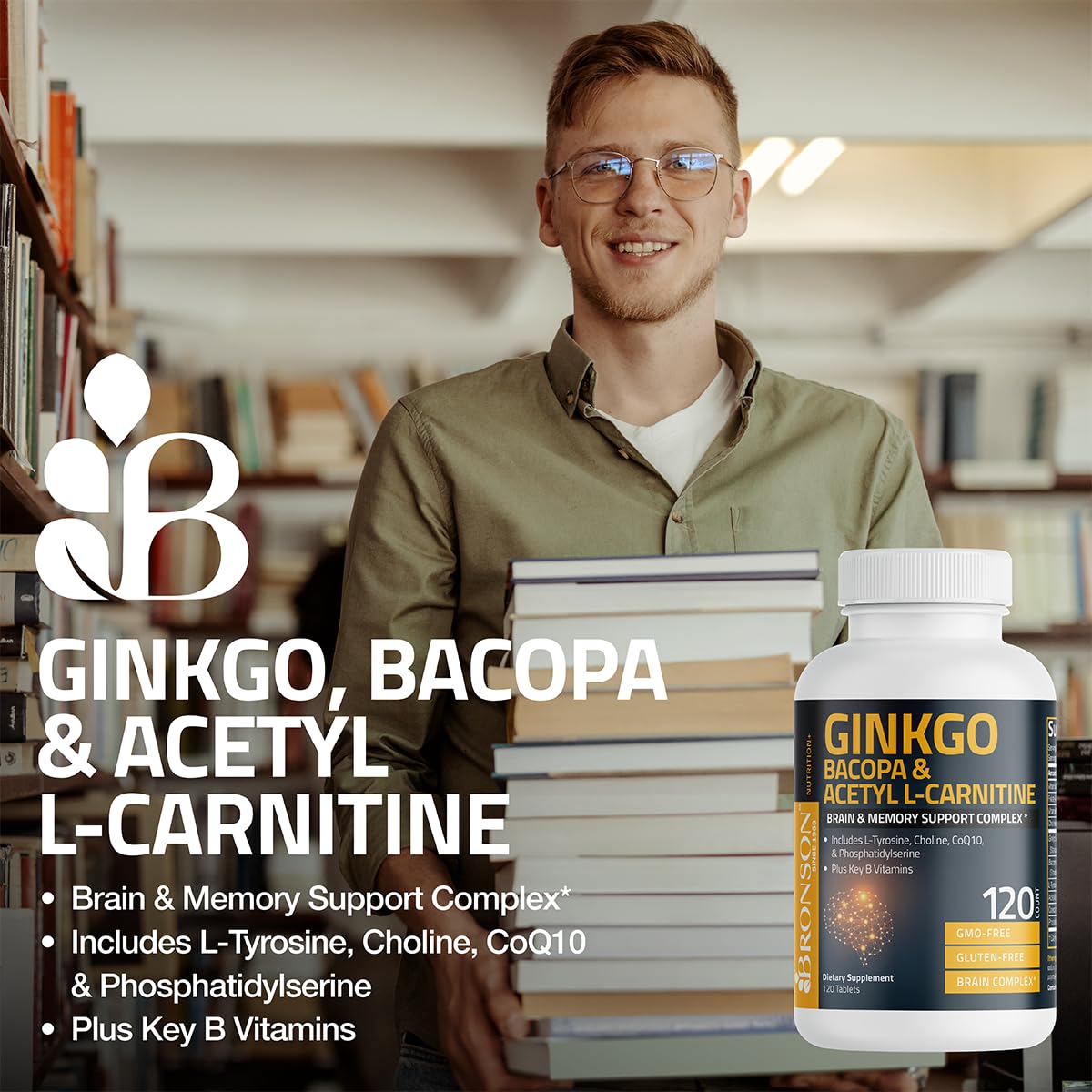 Bronson Ginkgo, Bacopa & Acetyl L-Carnitine Brain & Memory Support Complex with L-Tyrosine, Choline, CoQ10 & Phosphatidylserine Plus Key B Vitamins Non-GMO, 30 Tablets BronsonAu supplements