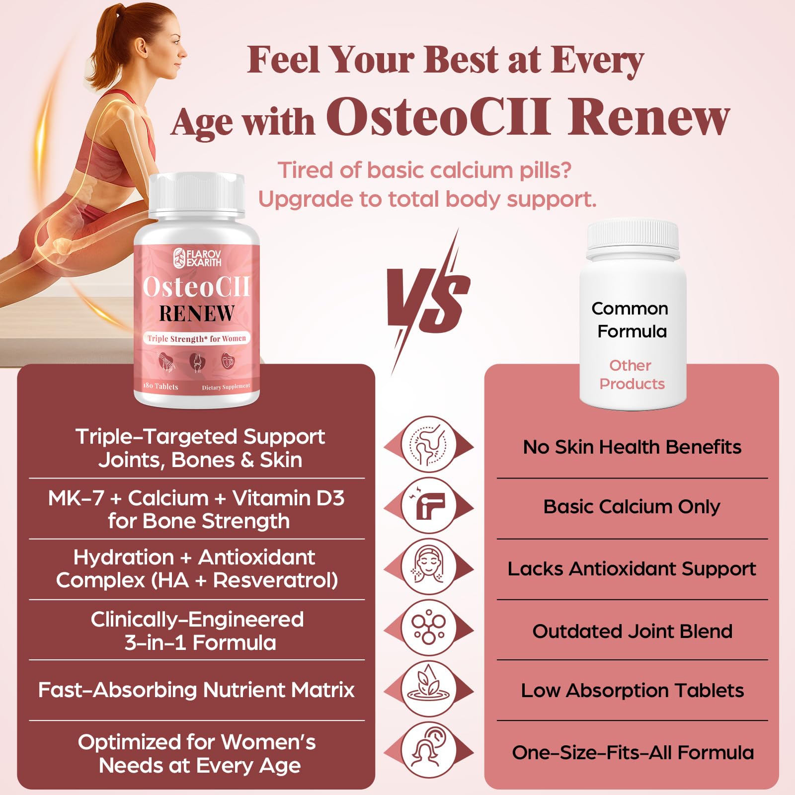 Joint Supplements for Women OsteoCII Renew Triple Strength – Advanced Joint, Bone & Skin Formula – Collagen, Glucosamine, Chondroitin, Calcium, MK-7, Vitamin D3, Hyaluronic Acid, 180 Tablets FlarovexarithAu supplements