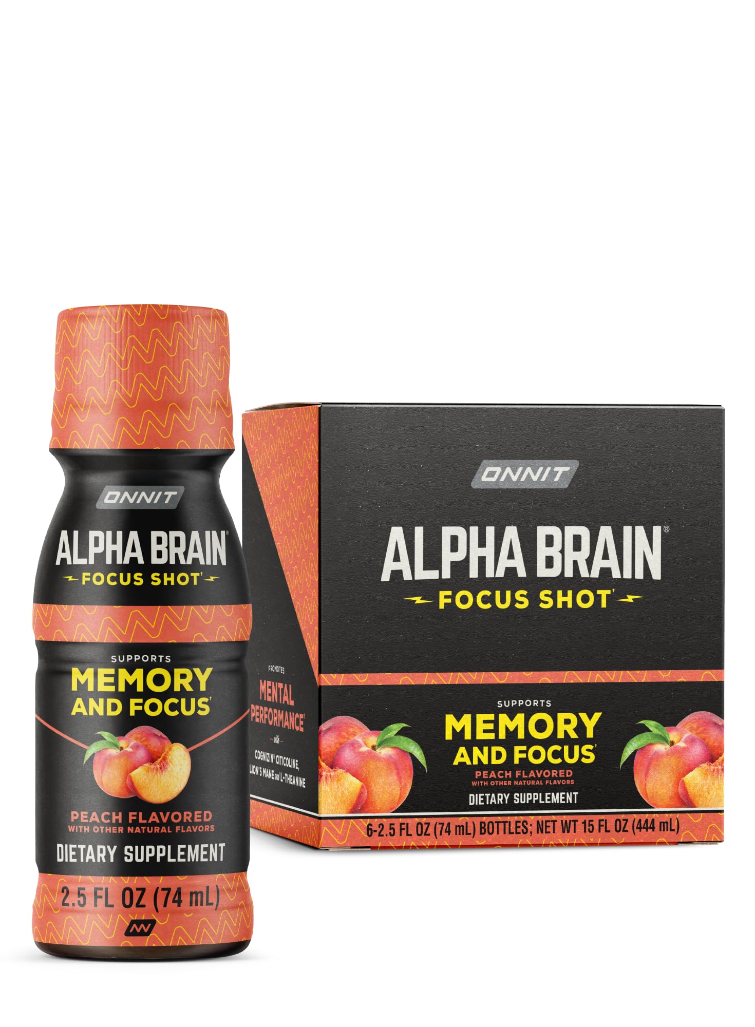ONNIT Alpha Brain Focus Shot, Peach Flavor, Nootropic Dietary Supplement Drink That Supports Energy, Focus, and Mood, IGEN™ Non-GMO Tested, 2.5 fl oz, 6 Count ONNITAu supplements