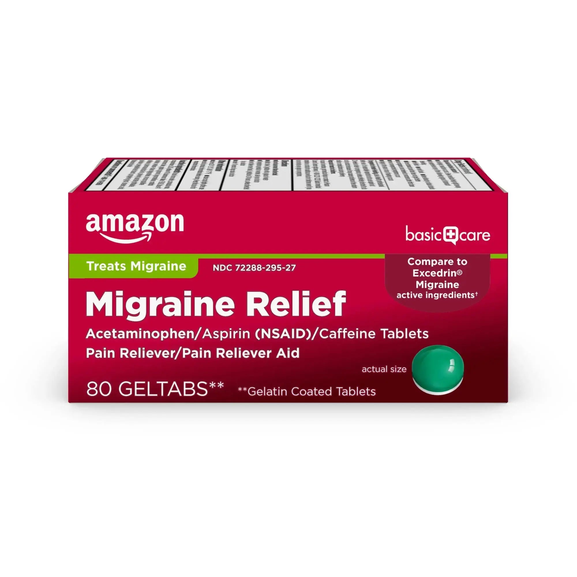 Amazon Basic Care Migraine Relief Geltabs, Pain Reliever, Acetaminophen 250 mg, Aspirin 250 mg (NSAID) and Caffeine 65 mg, Headache Relief, 80 Count Amazon Basic CareAu supplements