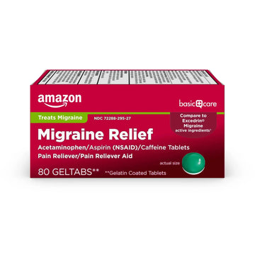 Amazon Basic Care Migraine Relief Geltabs, Pain Reliever, Acetaminophen 250 mg, Aspirin 250 mg (NSAID) and Caffeine 65 mg, Headache Relief, 80 Count Amazon Basic CareAu supplements