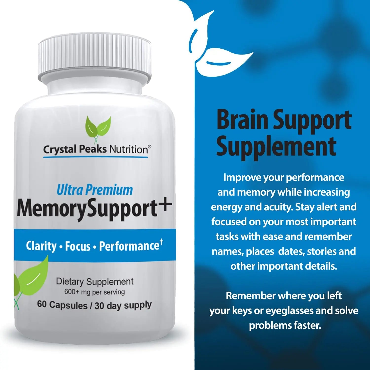 Memory Boost + Brain Support Supplement – Nootropic for Focus, Concentration, Memory. Enhanced Energy, Recall and Alertness - 60 Capsules/30-day Supply. CRYSTAL PEAKS NUTRITIONnz supplements
