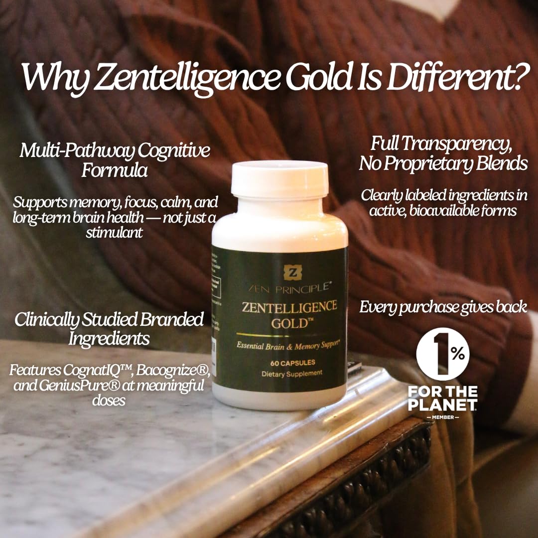 Zen Principle Zentelligence™ Gold Brain Supplement – Memory, Focus & Mental Clarity. Premium Cognitive Support for Adults 40+ with Magnesium, Vitamin D3, CoQ10, Vitamin B12 & L-Theanine. 60 Capsules Zen PrincipleAu supplements
