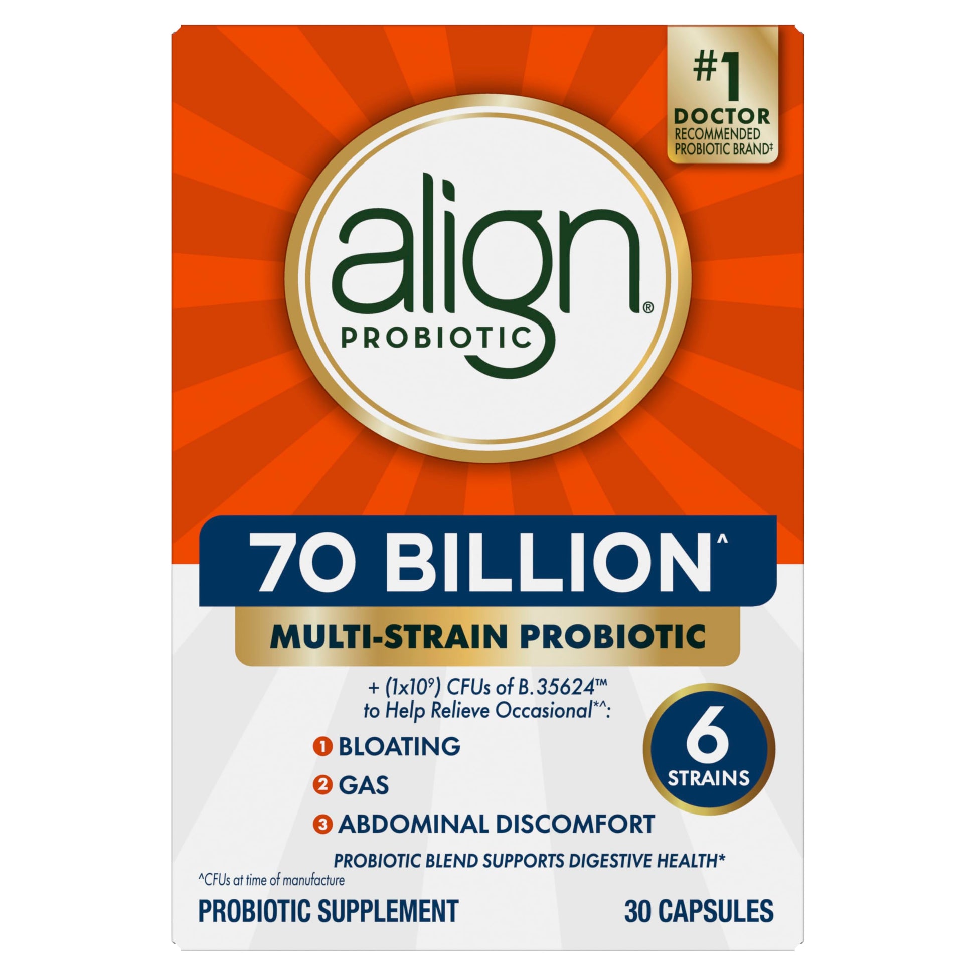 Align Probiotic, 70 Billion CFU, 6 Strain Blend, Probiotics for Women and Men, Daily Probiotics for Digestive Health, Helps Relieve Occasional Bloating & Gas 30 Capsules AlignAu supplements