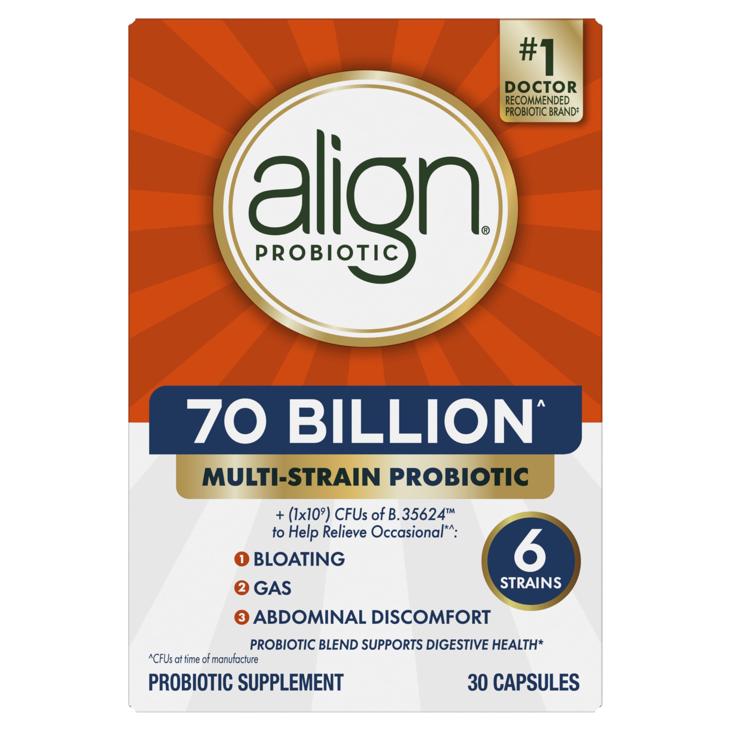 Align Probiotic, 70 Billion CFU, 6 Strain Blend, Probiotics for Women and Men, Daily Probiotics for Digestive Health, Helps Relieve Occasional Bloating & Gas 30 Capsules AlignAu supplements