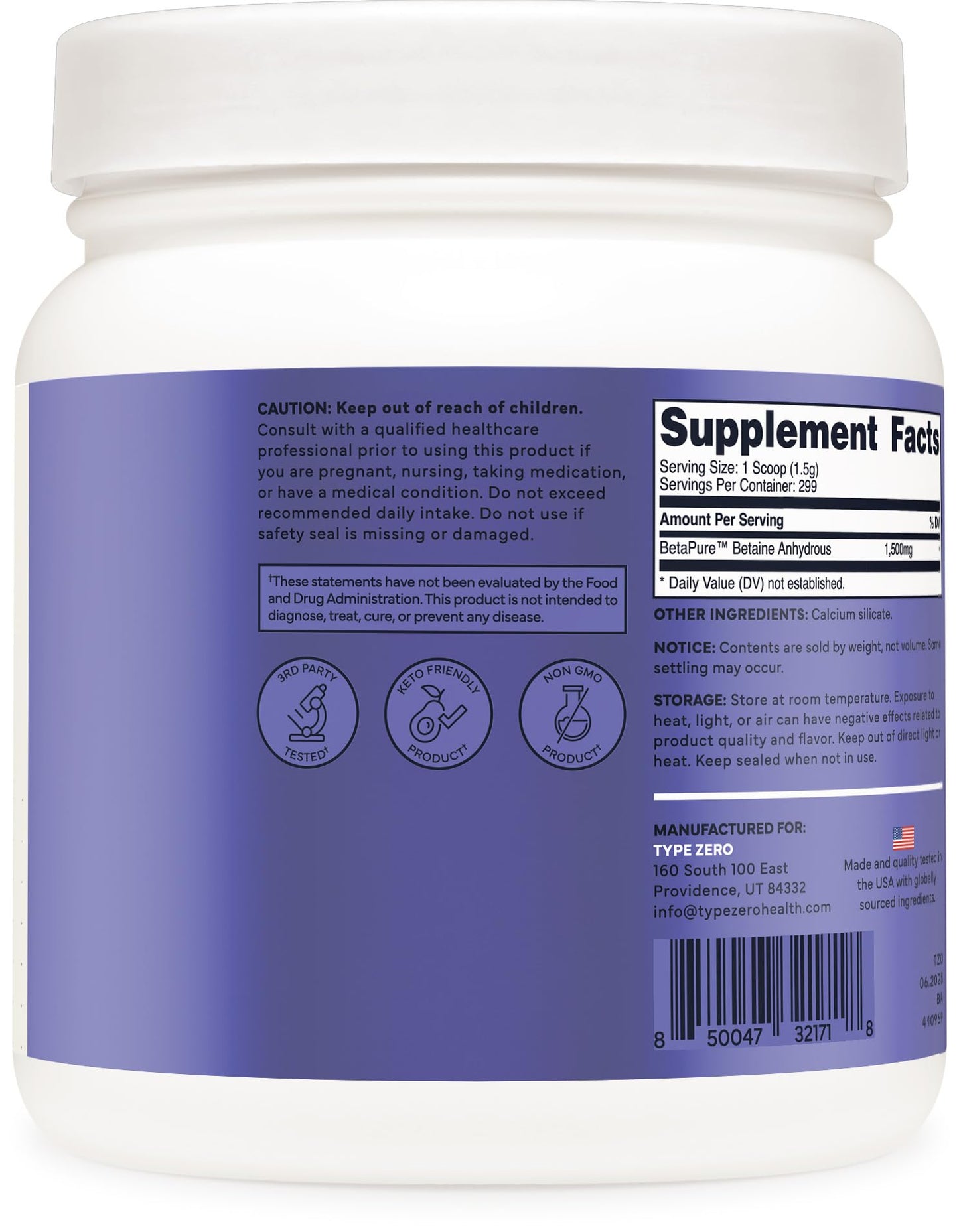 Type Zero Betaine Anhydrous Powder (1 LB) Unflavored - Clean Betaine Anhydrous Supplement, TMG, Trimethylglycine, 1,500mg Per Serving, Keto, GMO-Free Type ZeroUS supplements
