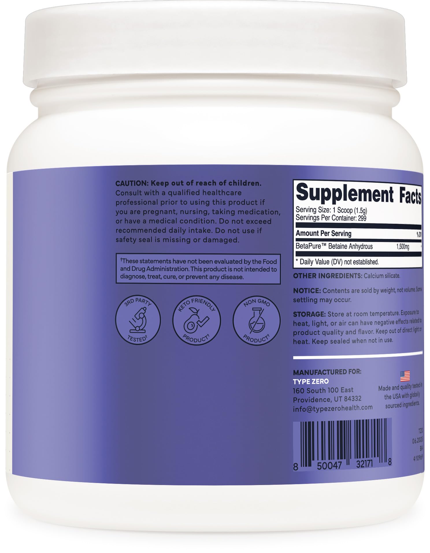 Type Zero Betaine Anhydrous Powder (1 LB) Unflavored - Clean Betaine Anhydrous Supplement, TMG, Trimethylglycine, 1,500mg Per Serving, Keto, GMO-Free Type ZeroUS supplements