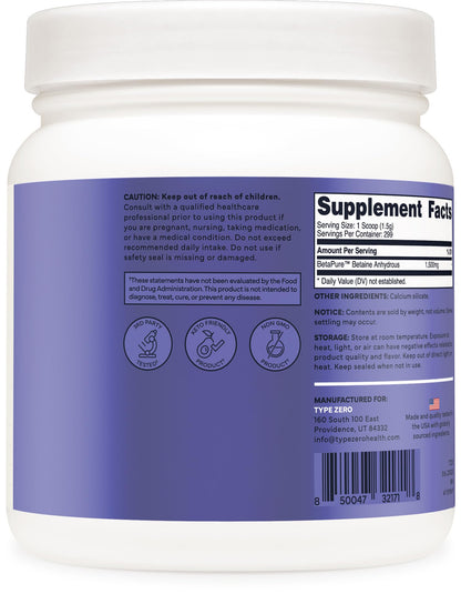 Type Zero Betaine Anhydrous Powder (1 LB) Unflavored - Clean Betaine Anhydrous Supplement, TMG, Trimethylglycine, 1,500mg Per Serving, Keto, GMO-Free Type ZeroUS supplements