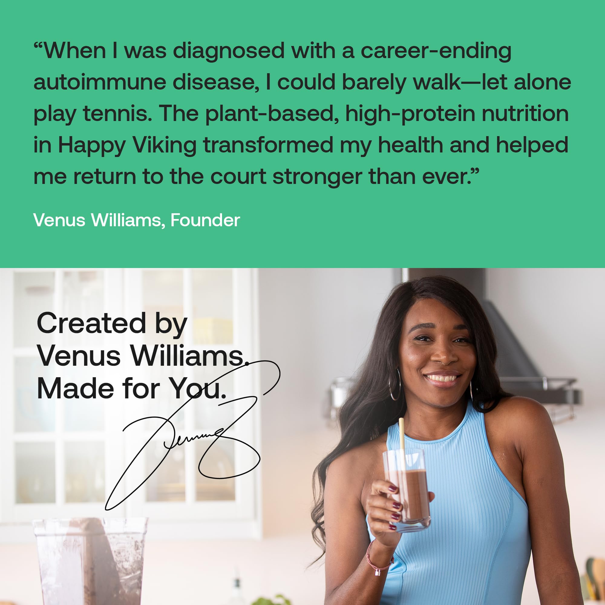 Happy Viking Plant-Based Protein Powder +100 Superfoods Vanilla Meal Replacement Shake, Created by Venus Williams, 30g Plant Protein, 10g Fiber, Vegan, Gluten-Free, Non-GMO, 15 Meals