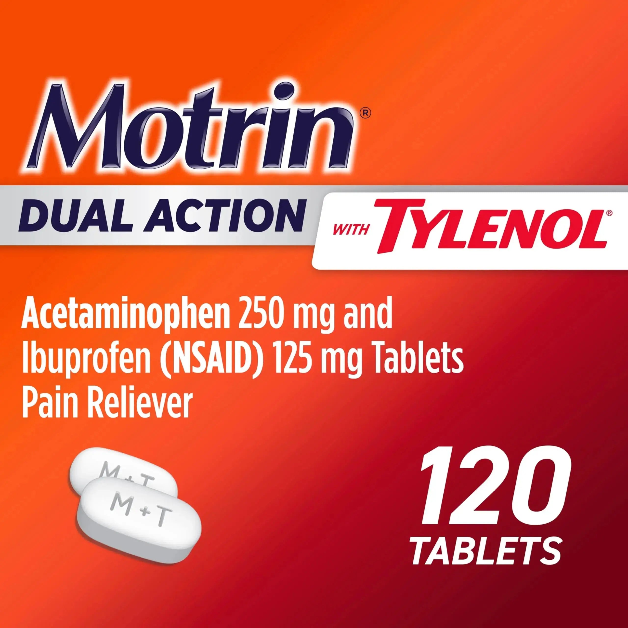 Motrin Dual Action with Tylenol, Ibuprofen & Acetaminophen Fast-Acting Dual Action Pain Reliever for Minor Aches & Pains, Ibuprofen (NSAID) 125 mg & Acetaminophen 250 mg, 120 ct MotrinAu supplements