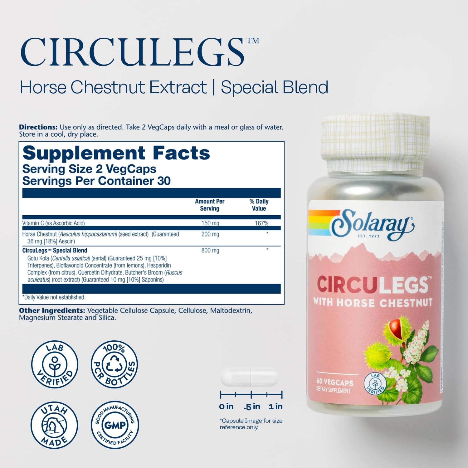 SOLARAY Circulegs - Herbal Supplements for Wellness Support w/Horse Chestnut Extract and Vitamin C, Plus Gotu Kola, Flavonoids, Hesperidin Blend - Vegan, Gluten Free, 60-Day Guarantee - 30 Servings SOLARAYAu supplements