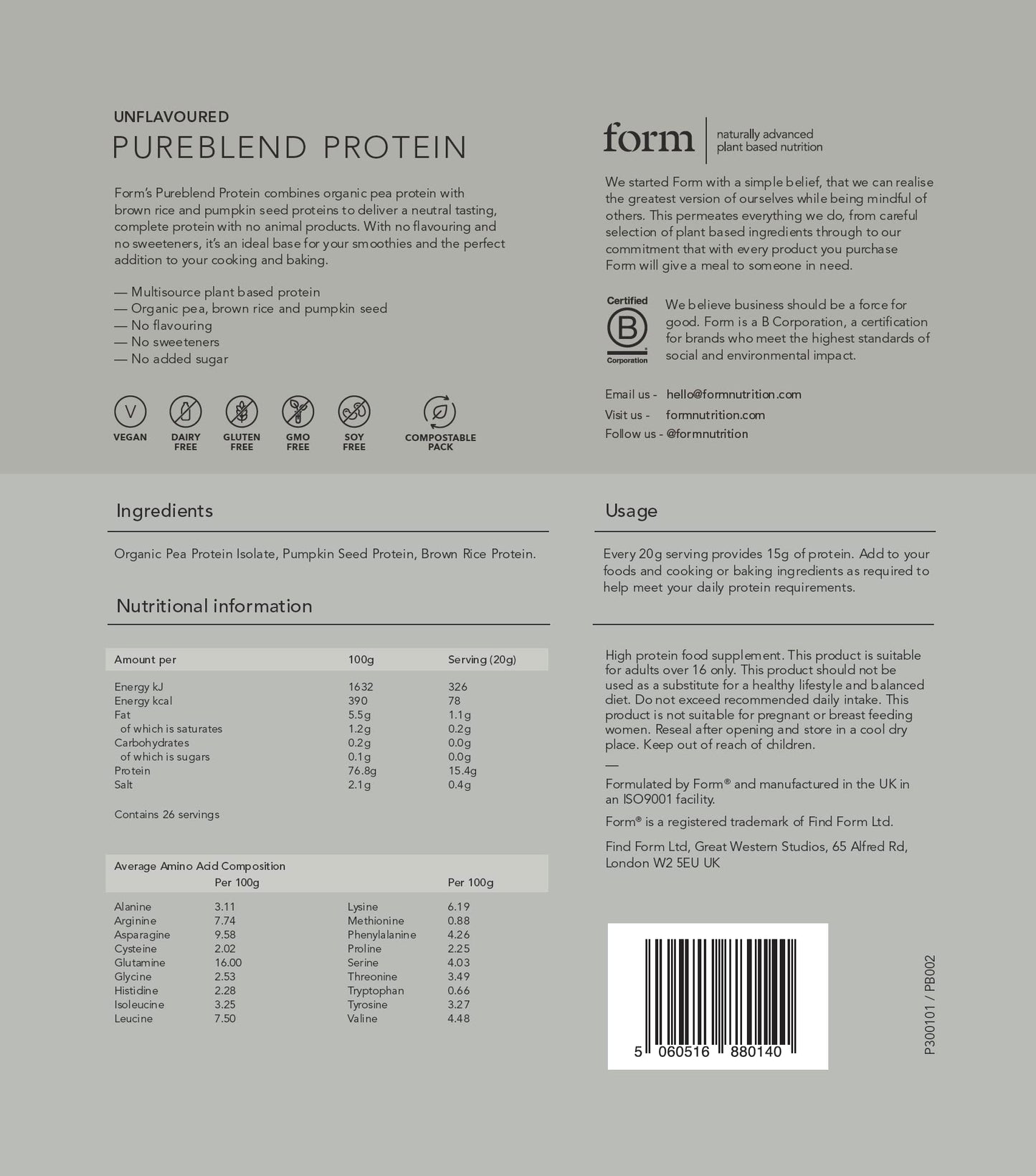 Form Pureblend Protein - Unflavoured and Unsweetened Vegan Protein Powder FormUS supplements