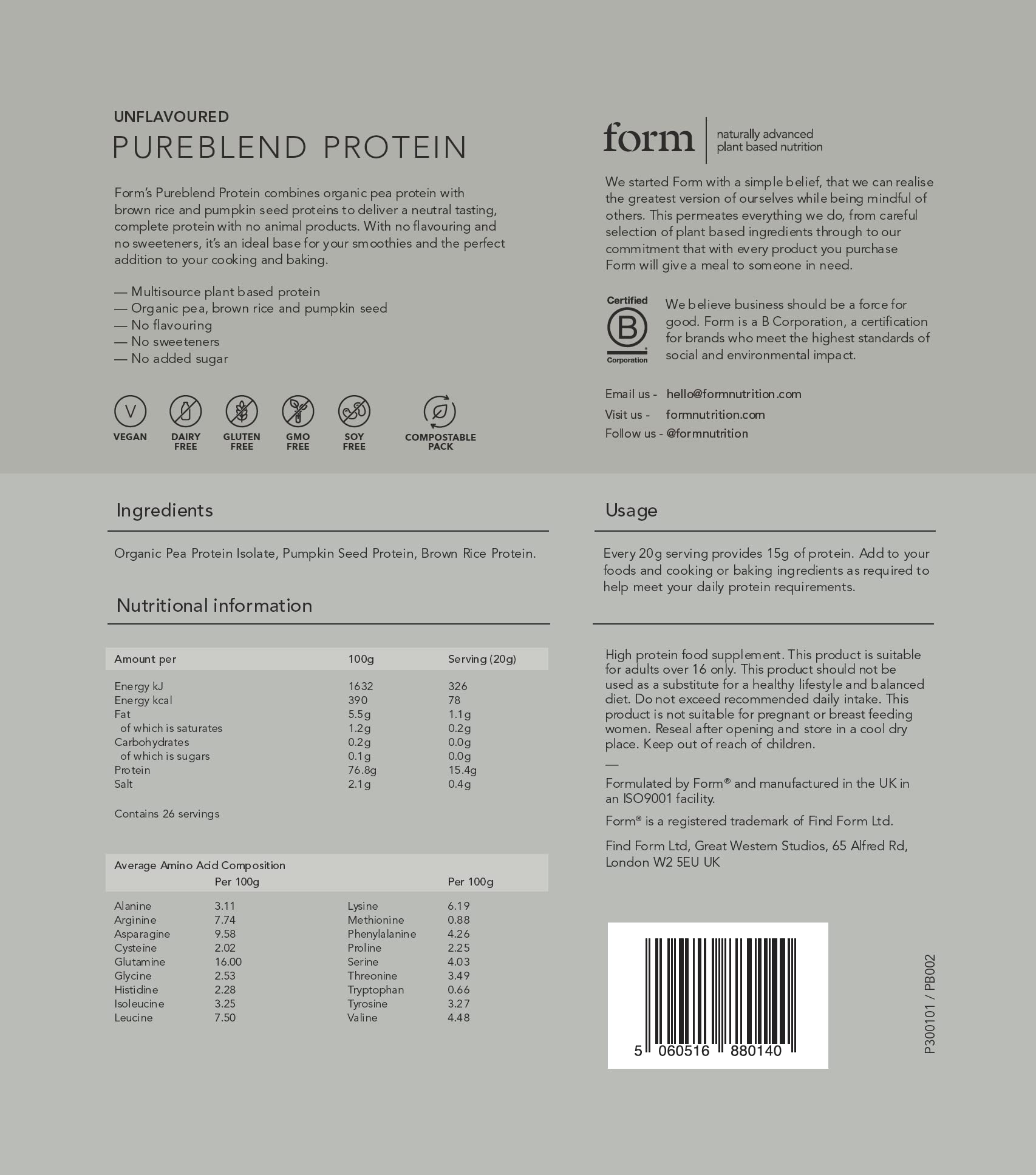Form Pureblend Protein - Unflavoured and Unsweetened Vegan Protein Powder FormAu supplements