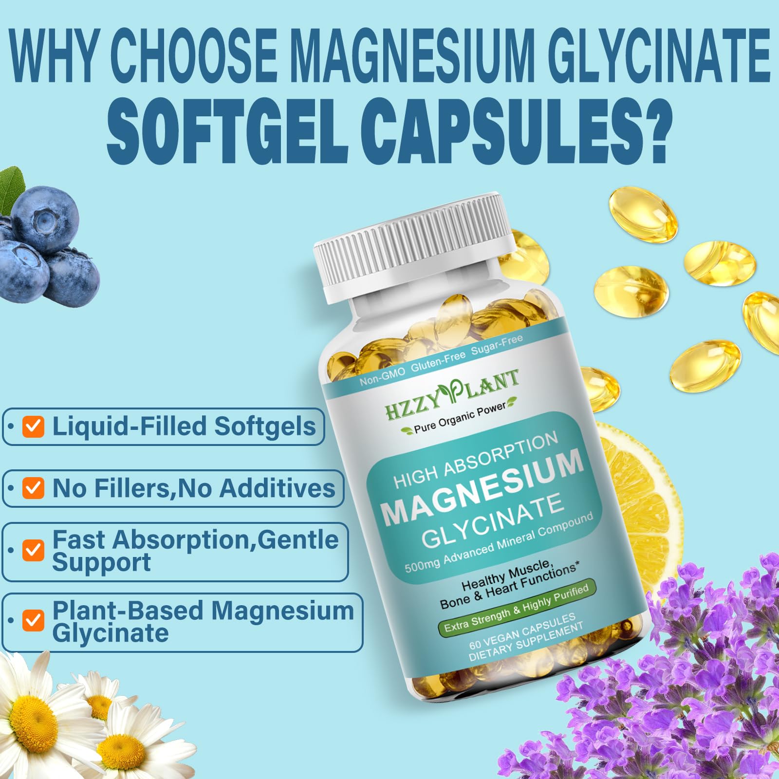 Magnesium Glycinate 500mg Softgels, High Absorption Magnesium Supplement Softgel Capsules for Muscle, Heart, Sleep & Bone Support, Stress Relief, Nerve Health & Metabolism, Non-GMO, 2 Month Supply HZZYPLANTAu supplements