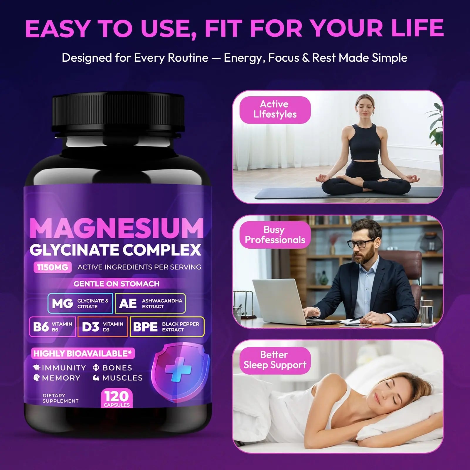 Magnesium Glycinate Complex 1150mg - Gentle on Stomach High Absorption Magnesium Capsules with Citrate, Silica, Ashwagandha & Vitamin B6 for Zzz, Stress Relief, Muscle Support for Adults, Women & Men Cytonanz supplements