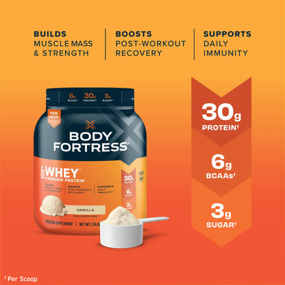 Body Fortress 100% Whey, Premium Protein Powder, Vanilla, 1.74lbs (Packaging May Vary) Body FortressUS supplements