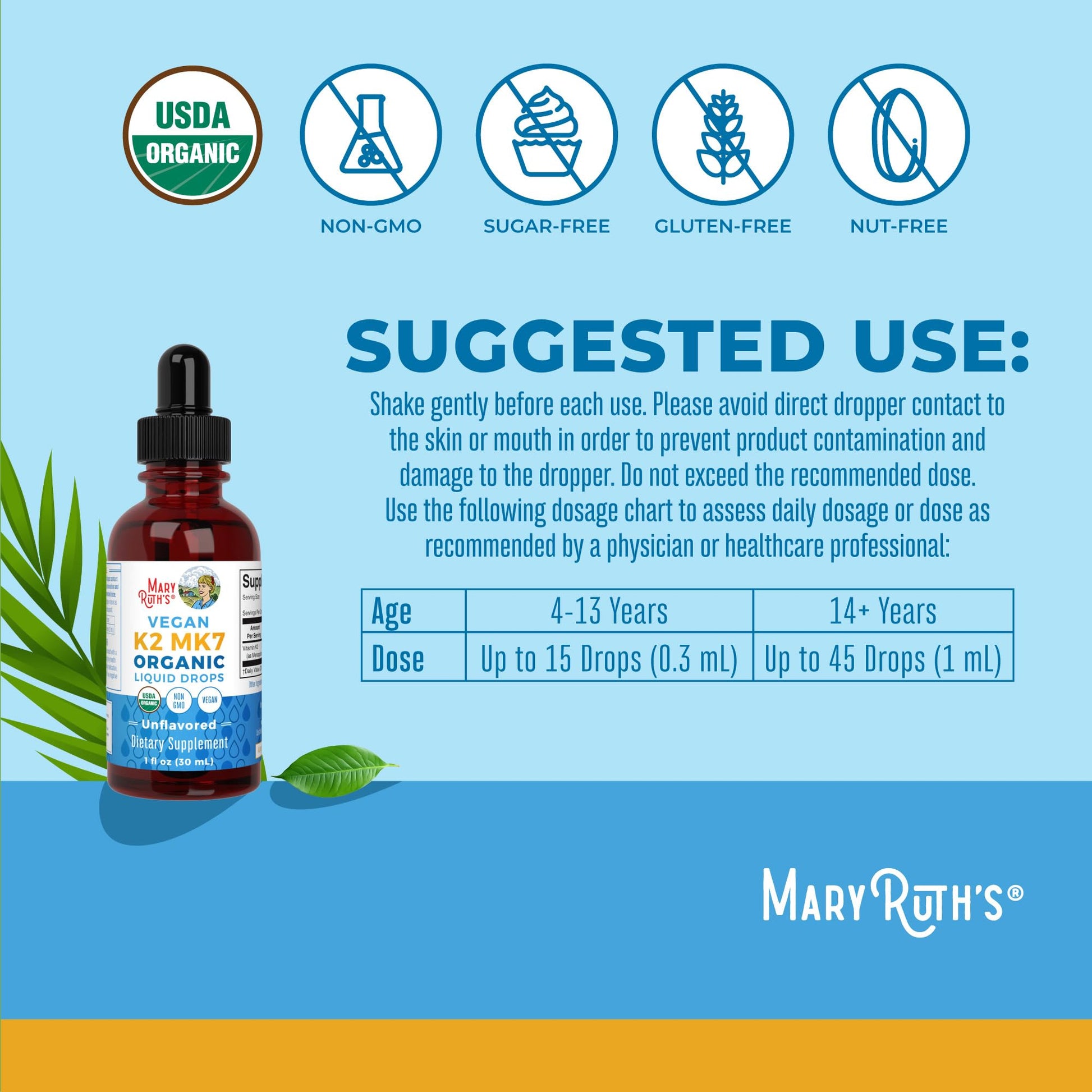 MaryRuth’s USDA Organic Vitamin K2 MK7 Liquid Drops for Adults & Kids | Sourced from Natto | Menaquinone- 7 | Vegan K2 Vitamin for Bone Health & Calcium Absorption | 1oz | Up to 90 Servings MARYRUTH'SUS supplements