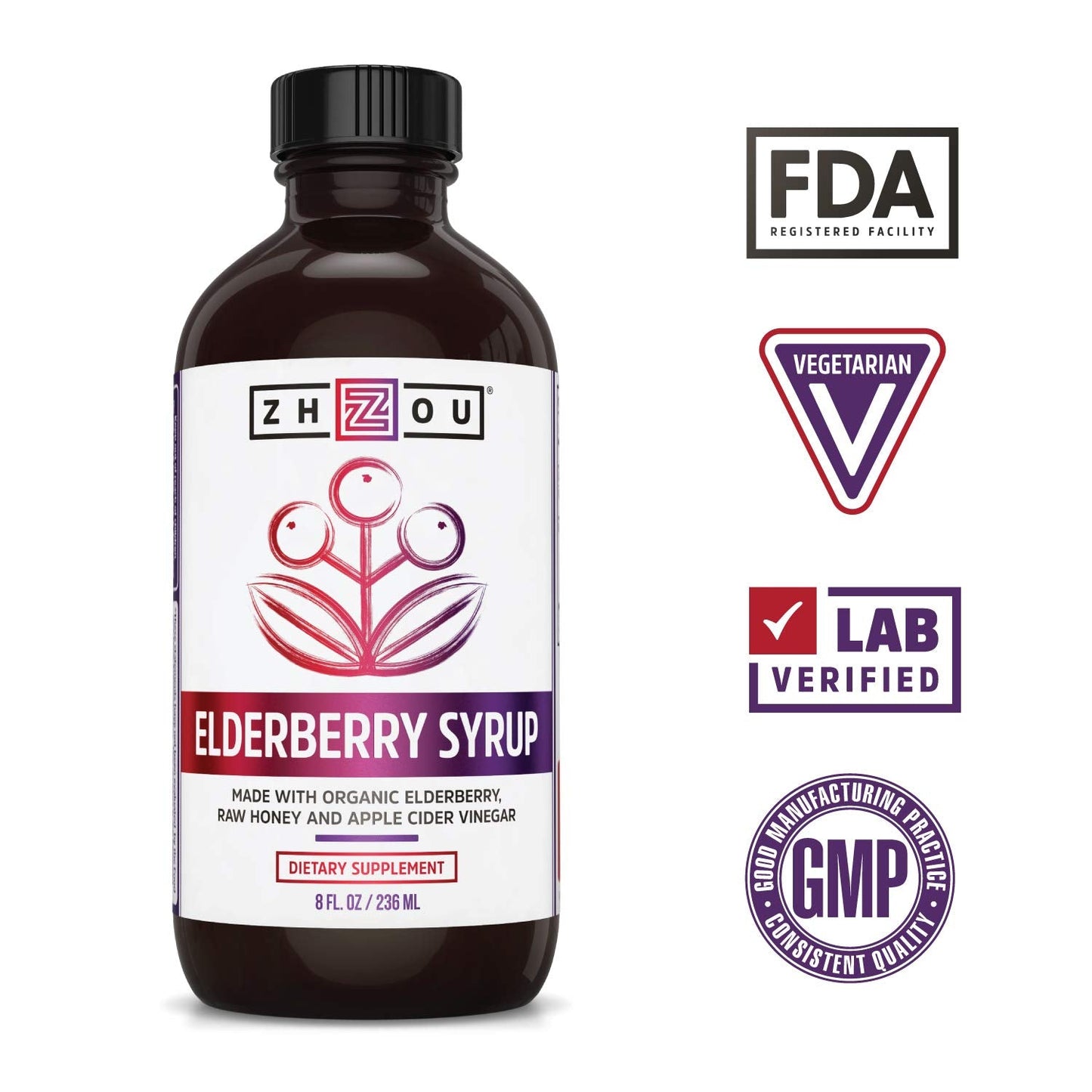 Zhou Nutrition Elderberry Syrup, Immune System Booster with Organic Elderberry Syrup Zhou NutritionUS supplements