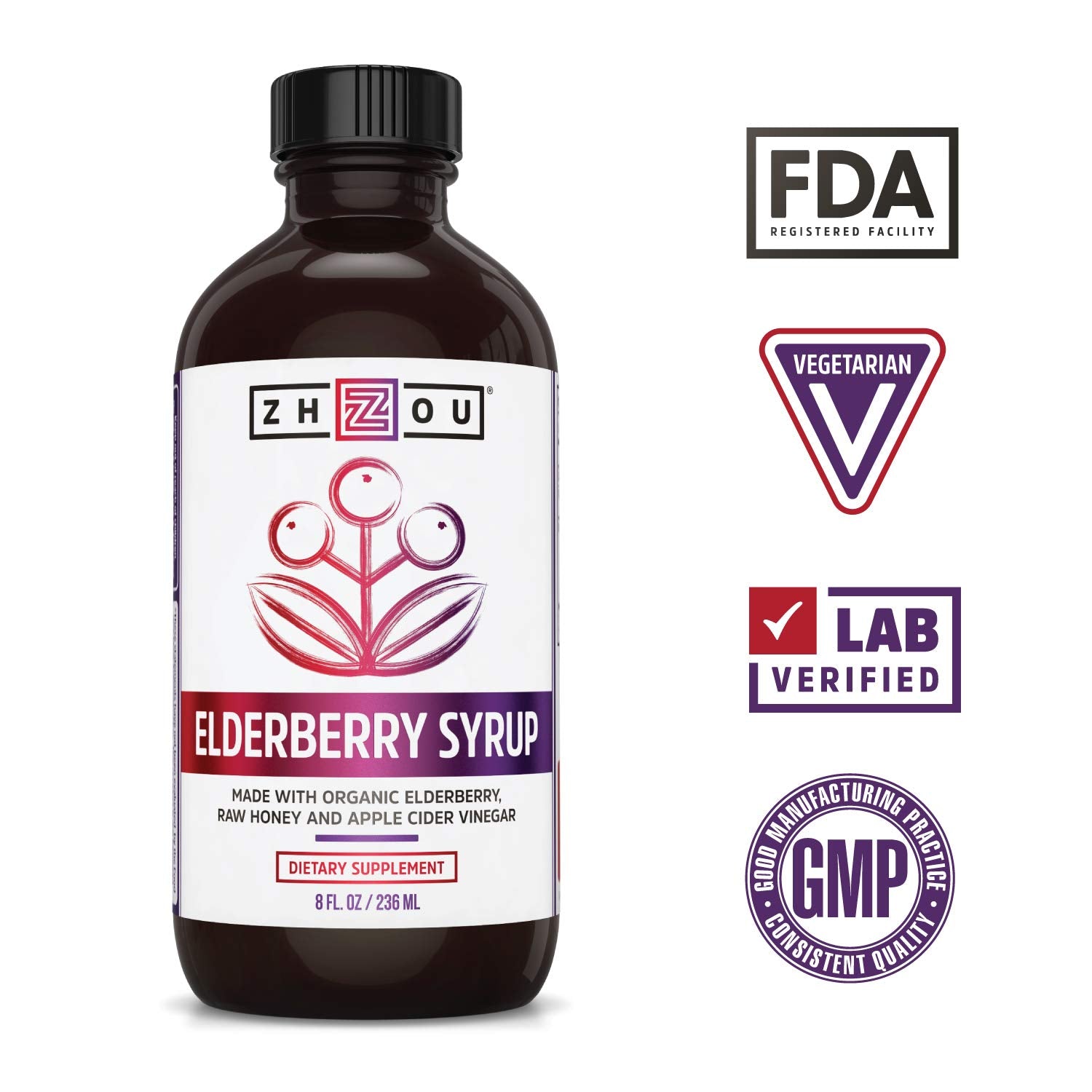 Zhou Nutrition Elderberry Syrup, Immune System Booster with Organic Elderberry Syrup Zhou NutritionUS supplements