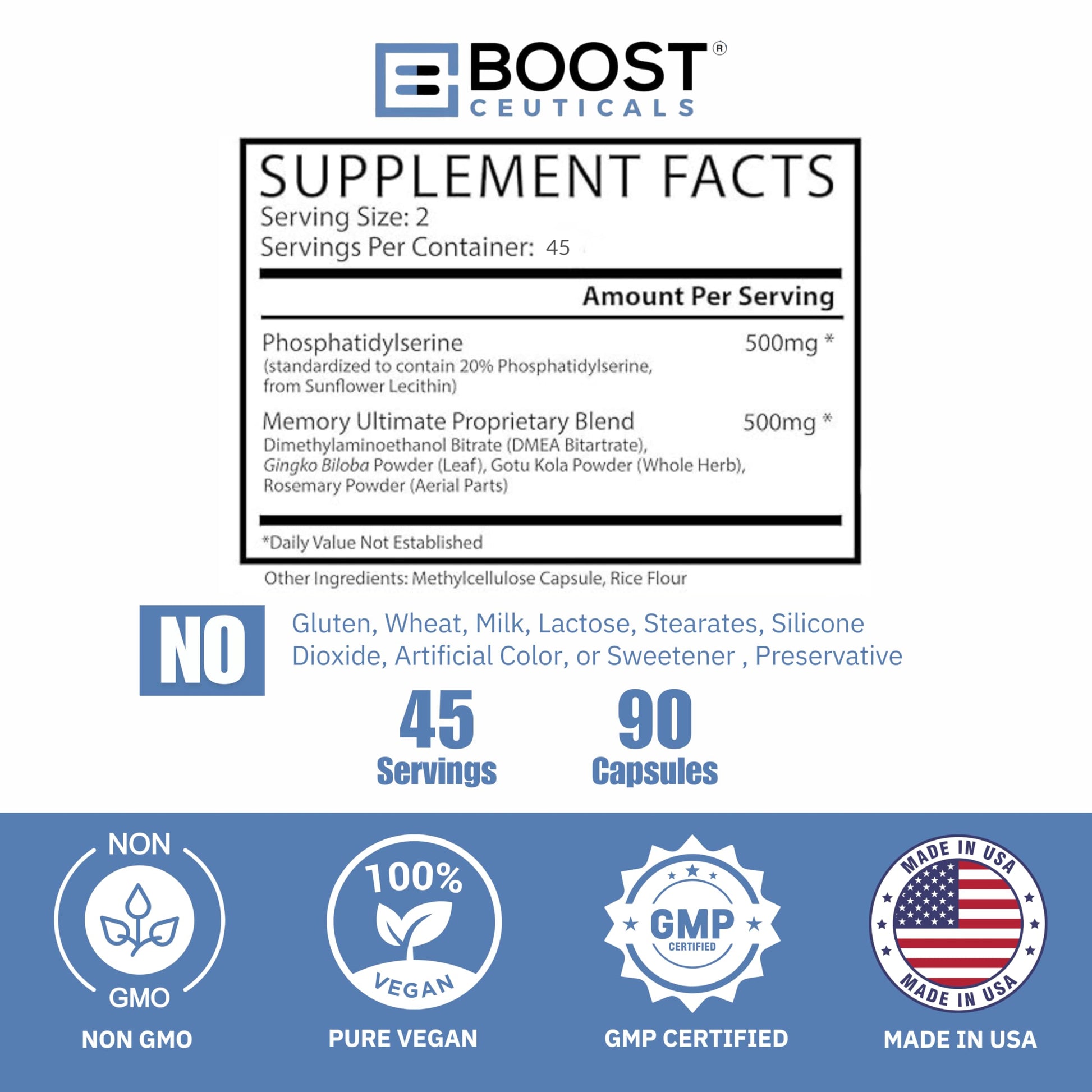BoostCeuticals Phosphatidylserine 100mg with Ginkgo DMAE Gotu Kola - Memory, Stress & Cortisol Support, Cognitive Focus, Sleep Health, Brain Function Supplement, 90 Capsules BoostCeuticalsAu supplements