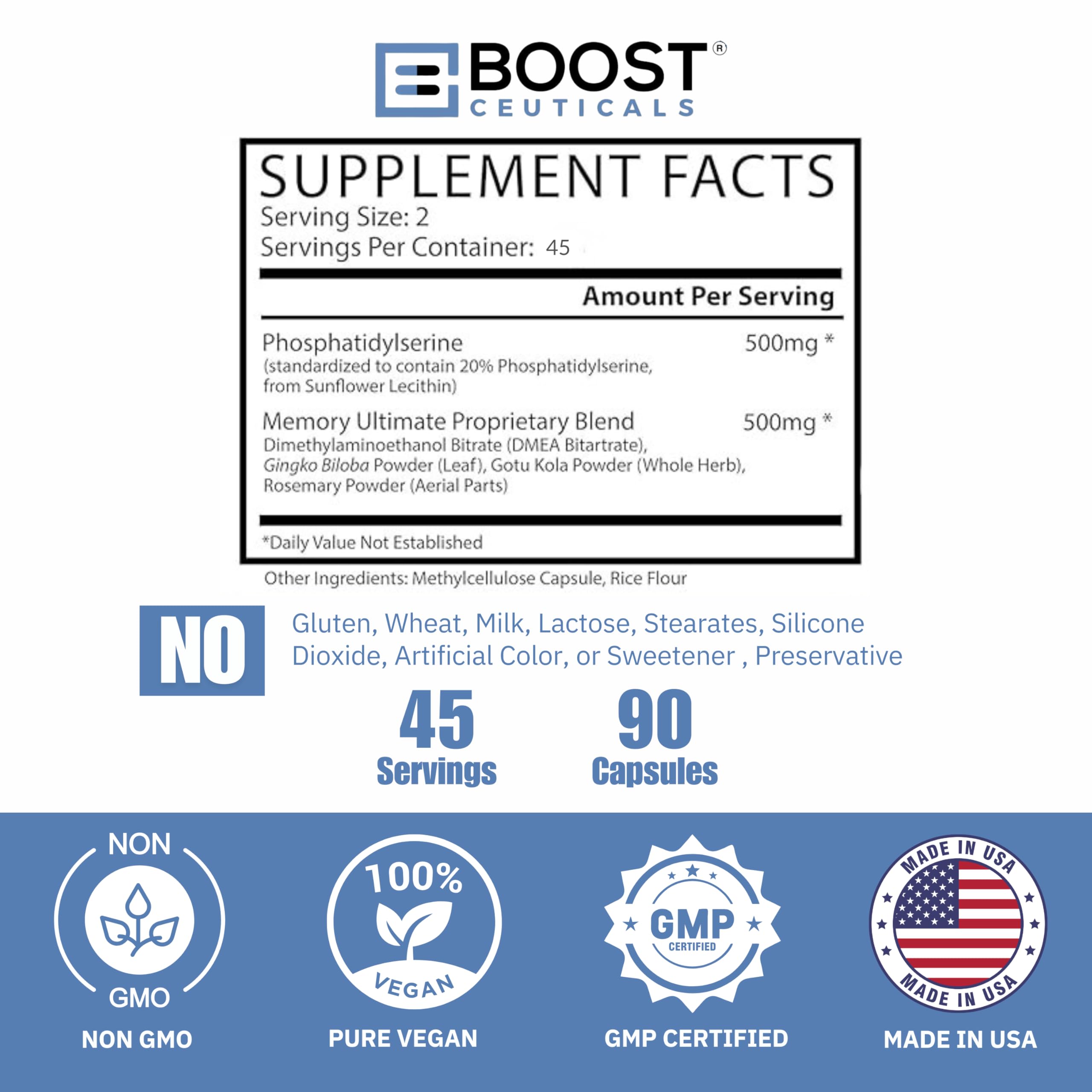 BoostCeuticals Phosphatidylserine 100mg with Ginkgo DMAE Gotu Kola - Memory, Stress & Cortisol Support, Cognitive Focus, Sleep Health, Brain Function Supplement, 90 Capsules BoostCeuticalsAu supplements