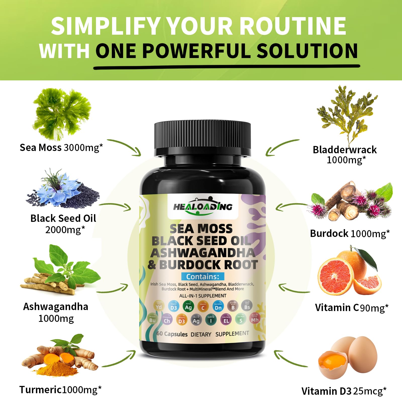 HEALOADING Sea Moss Capsules：Wildcrafted Organic Irish Seamoss & Bladderwack - Rich in Minerals, Supports Thyroid Health, Digestion, Skin & Immune System - Vegan, Non-GMO HEALOADINGAu supplements