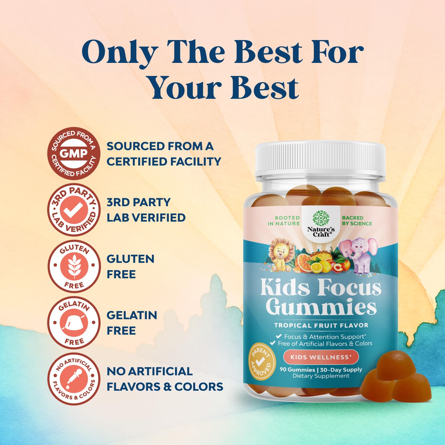 Kids Focus Gummies - Nootropics Brain Support Supplement for Kids with Green Tea Extract, B6 & B12 Vitamins for Memory and Brain Focus - Herbal Concentration Chews for Children - 90 Count Natures CraftAu supplements